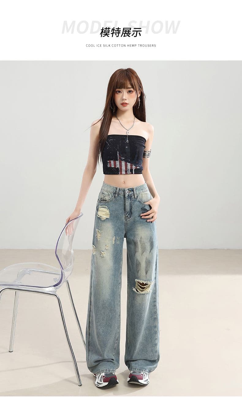 아메리칸 레트로 트렌드 새로운 배색 개성 패션 그라인딩 홀 나팔 청바지 여성 상세 이미지 6