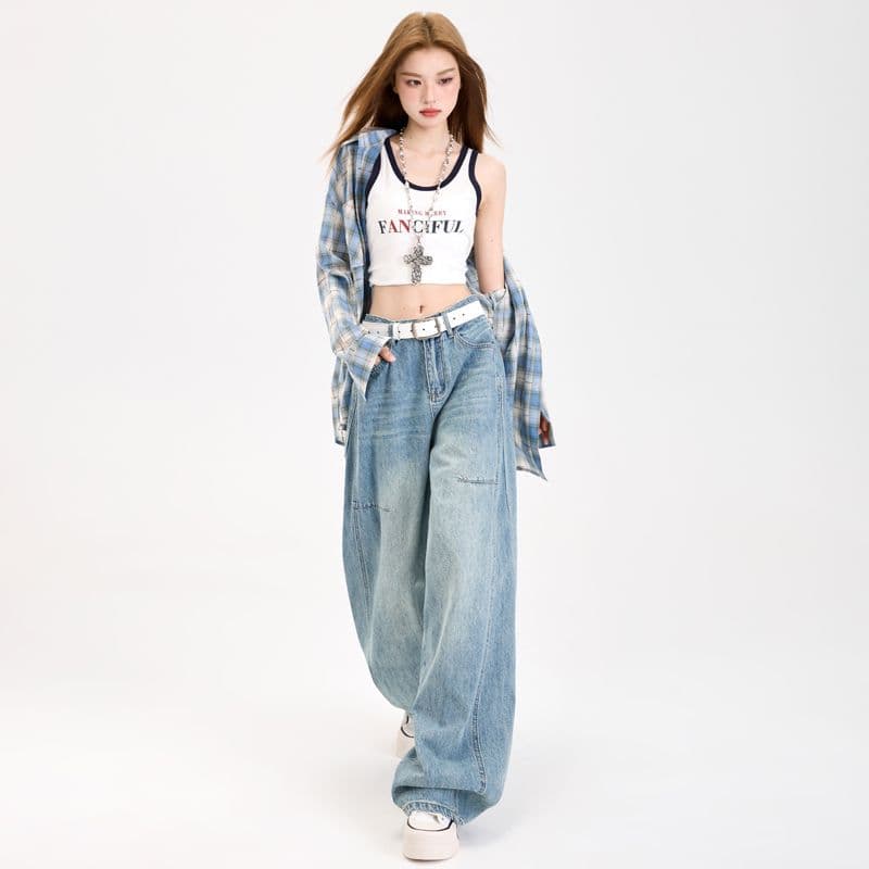 이른 가을 아메리칸 레트로 패치워크 넓은 다리 청바지 여성 루즈핏 슬림해 보이는 다용도 출퇴근 바닥 청소 바지 여성 이미지 4