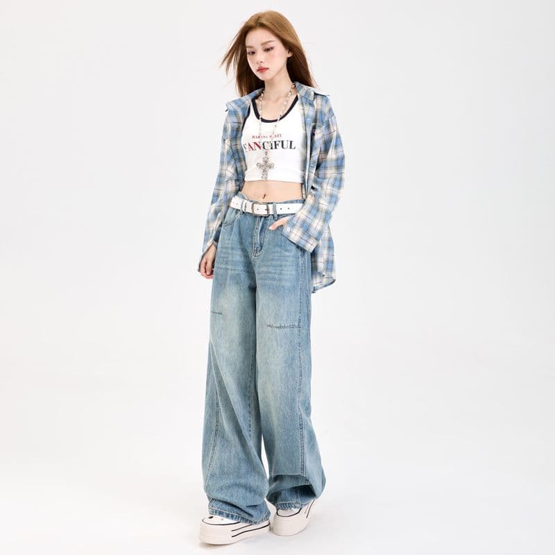 이른 가을 아메리칸 레트로 패치워크 넓은 다리 청바지 여성 루즈핏 슬림해 보이는 다용도 출퇴근 바닥 청소 바지 여성 이미지 3
