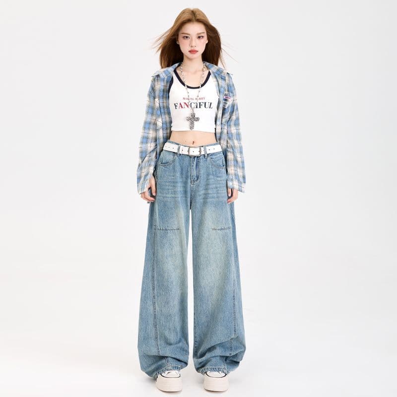 이른 가을 아메리칸 레트로 패치워크 넓은 다리 청바지 여성 루즈핏 슬림해 보이는 다용도 출퇴근 바닥 청소 바지 여성 이미지 2
