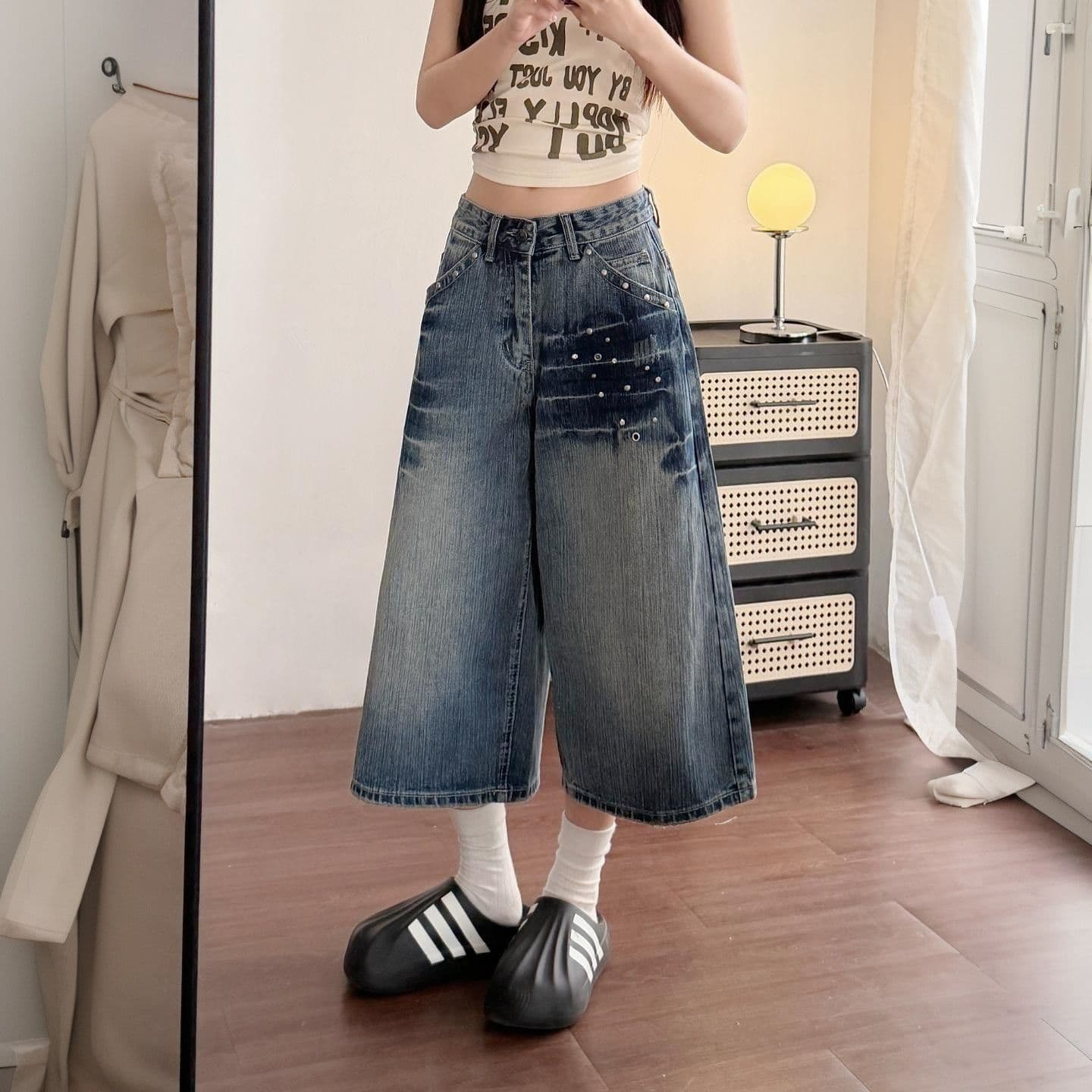 아메리칸 레트로 징 디자인 7 점 청바지 여성 워싱 여름 루즈핏 스트레이트 넓은 다리 새로운 다용도 바지 이미지 4