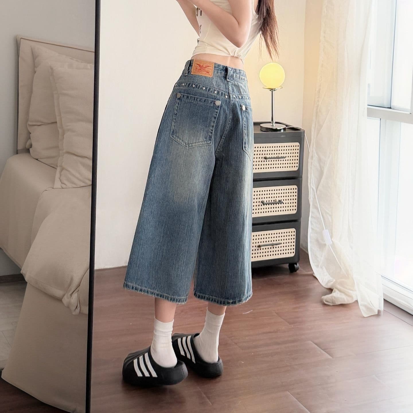 아메리칸 레트로 징 디자인 7 점 청바지 여성 워싱 여름 루즈핏 스트레이트 넓은 다리 새로운 다용도 바지 이미지 3