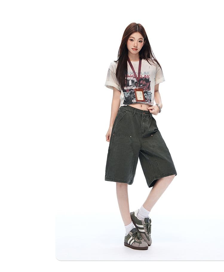 새로운 깊은 카키 워싱 마 오래된 기타 주머니 야외 오부 바지 캐주얼 워크웨어 반바지 남녀 상세 이미지 5