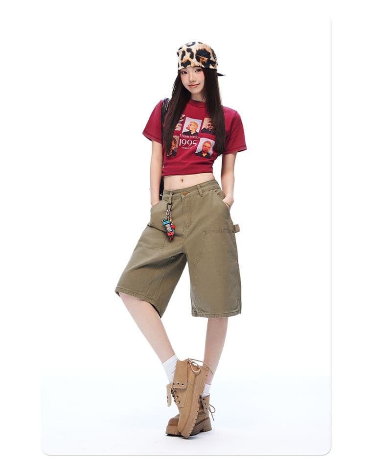새로운 깊은 카키 워싱 마 오래된 기타 주머니 야외 오부 바지 캐주얼 워크웨어 반바지 남녀 상세 이미지 2