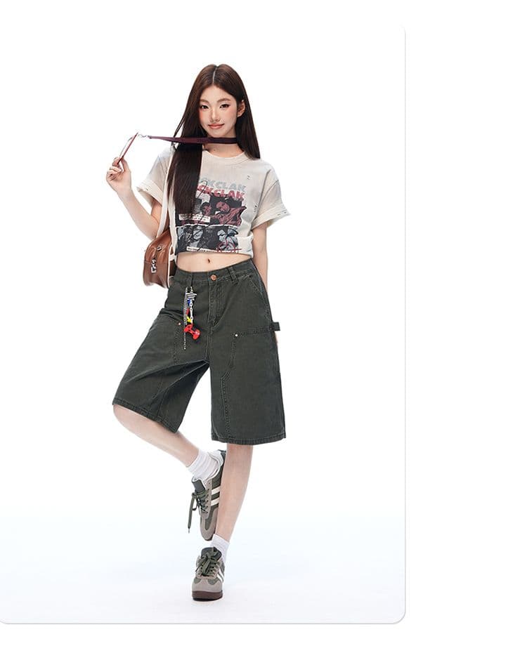 새로운 깊은 카키 워싱 마 오래된 기타 주머니 야외 오부 바지 캐주얼 워크웨어 반바지 남녀 상세 이미지 4