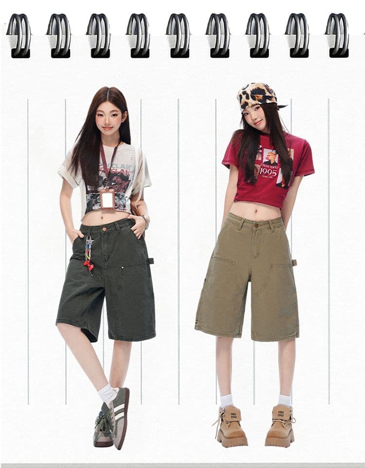 새로운 깊은 카키 워싱 마 오래된 기타 주머니 야외 오부 바지 캐주얼 워크웨어 반바지 남녀 상세 이미지 10