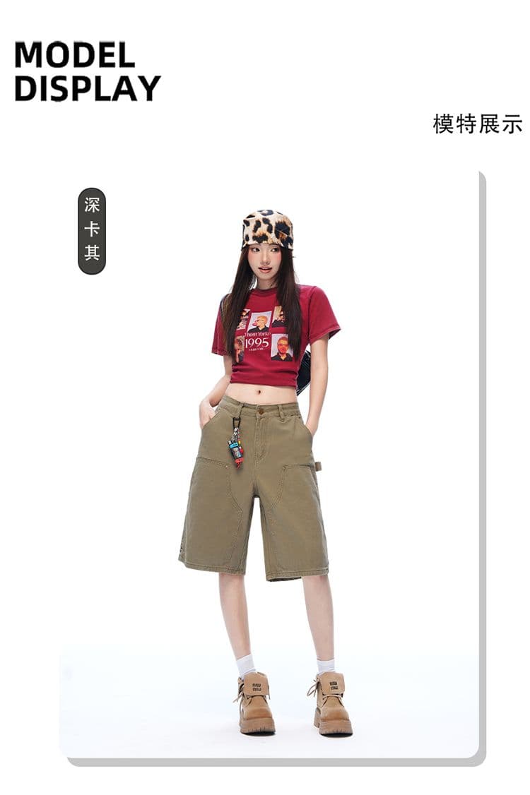 새로운 깊은 카키 워싱 마 오래된 기타 주머니 야외 오부 바지 캐주얼 워크웨어 반바지 남녀 상세 이미지 13