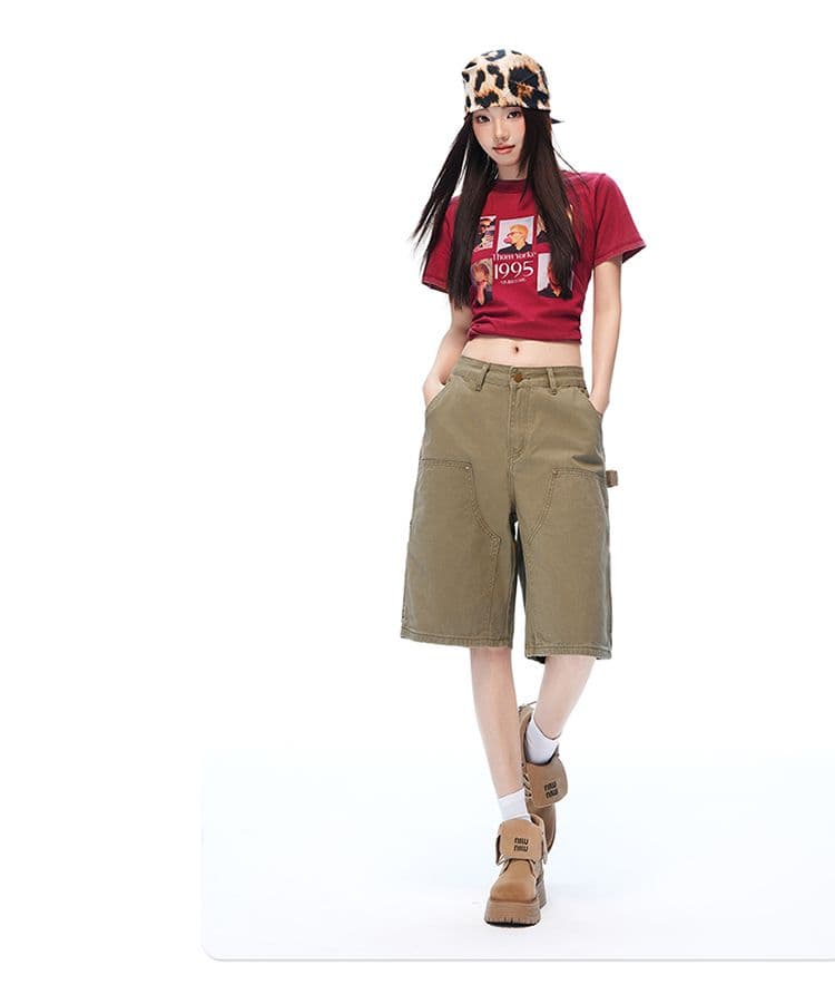 새로운 깊은 카키 워싱 마 오래된 기타 주머니 야외 오부 바지 캐주얼 워크웨어 반바지 남녀 상세 이미지 15