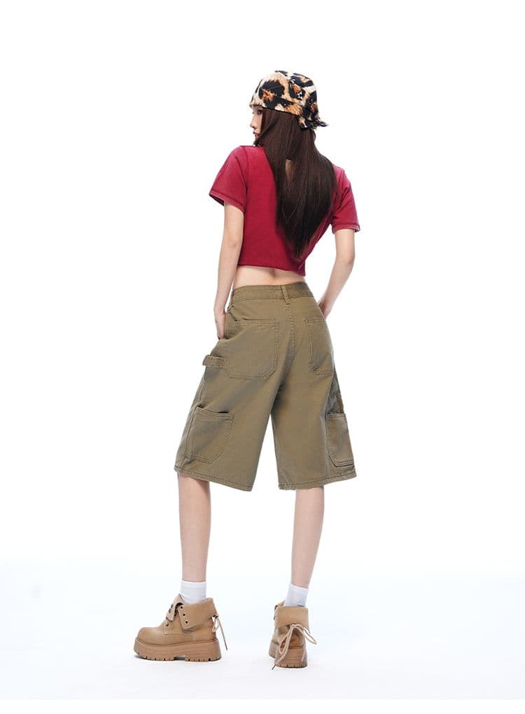 새로운 깊은 카키 워싱 마 오래된 기타 주머니 야외 오부 바지 캐주얼 워크웨어 반바지 남녀 상세 이미지 16