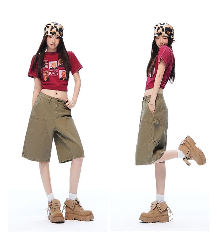 새로운 깊은 카키 워싱 마 오래된 기타 주머니 야외 오부 바지 캐주얼 워크웨어 반바지 남녀 상세 이미지 17