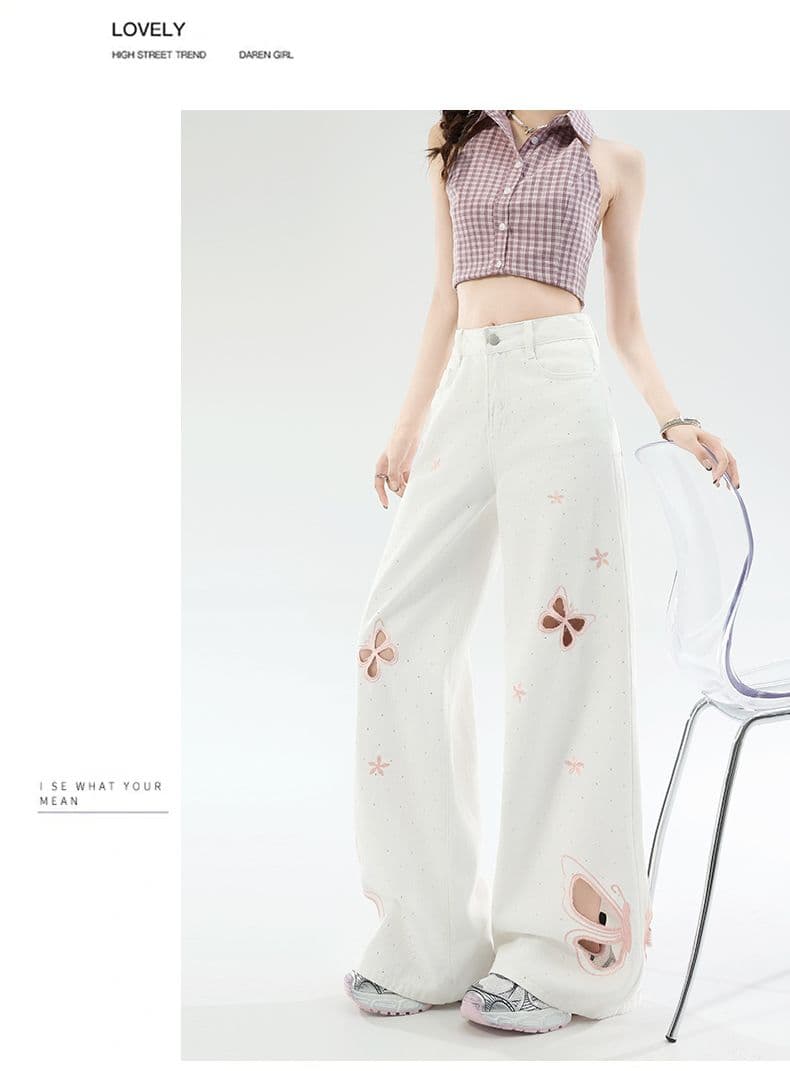 나비 핫픽스 홀로우 아웃 찢어진 부분 넓은 다리 청바지 여성 2026 년 여름 얇은 스타일 하이웨이스트 슬림해 보이는 루즈핏 스트레이트 팬츠 상세 이미지 7