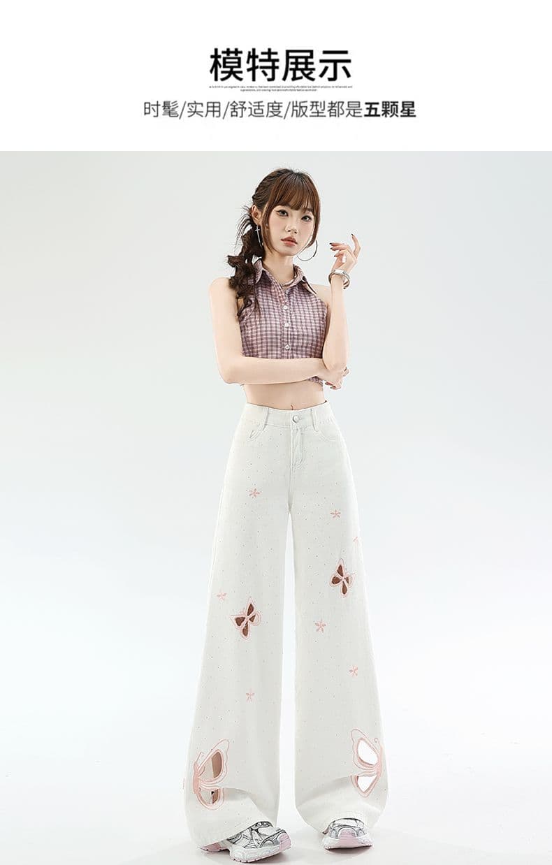 나비 핫픽스 홀로우 아웃 찢어진 부분 넓은 다리 청바지 여성 2026 년 여름 얇은 스타일 하이웨이스트 슬림해 보이는 루즈핏 스트레이트 팬츠 상세 이미지 1