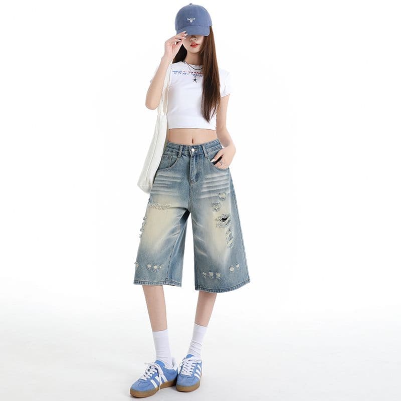 노스탤지어 블루 데님 7 점 와이드 레깅스 바지 찢어진 부분