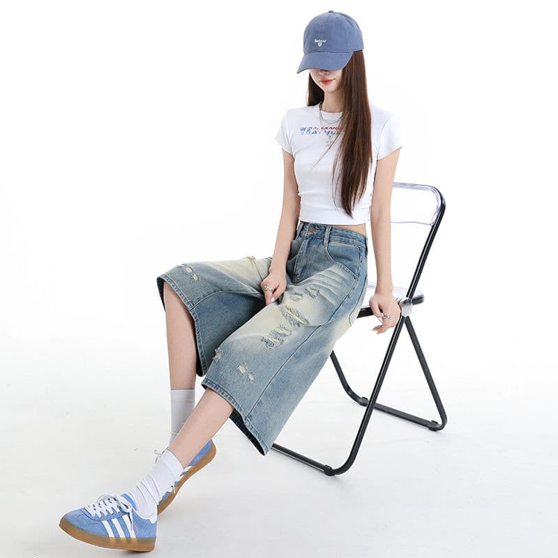 노스탤지어 블루 데님 7 점 와이드 레깅스 바지 찢어진 부분 이미지 4