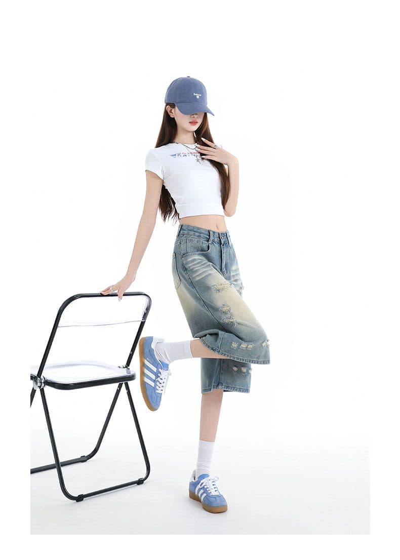 노스탤지어 블루 데님 7 점 와이드 레깅스 바지 찢어진 부분 상세 이미지 3