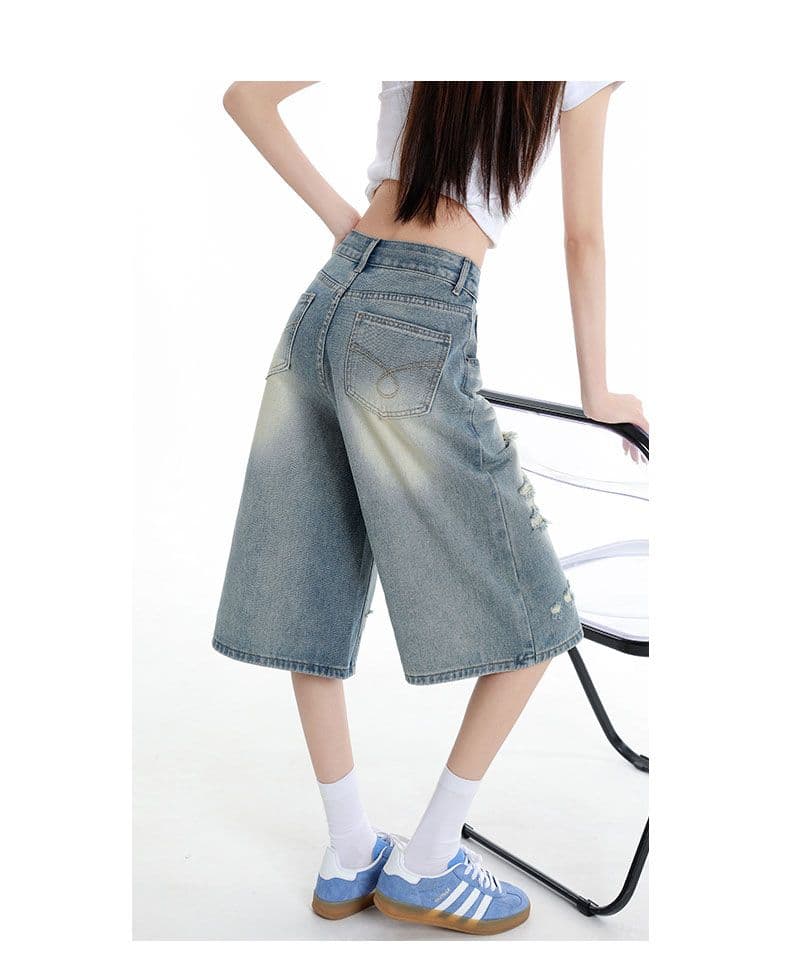 노스탤지어 블루 데님 7 점 와이드 레깅스 바지 찢어진 부분 상세 이미지 15