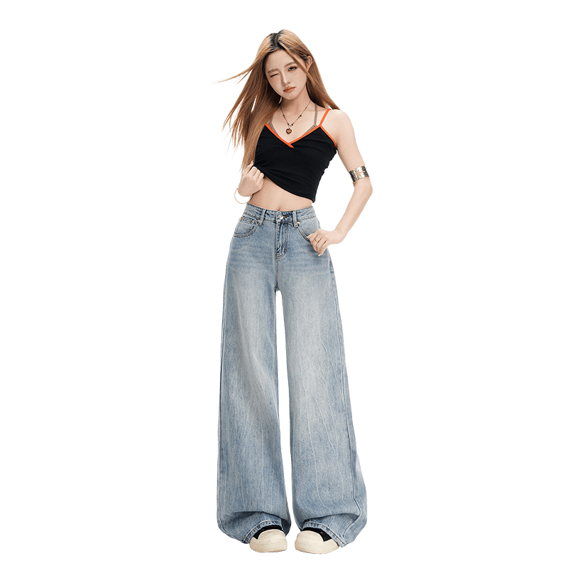 레트로 워싱 블루 로우 웨이스트 청바지 2026 새로운 여성 아메리칸 루즈핏 디자인 센스 넓은 다리 스트레이트 바지 이미지 5