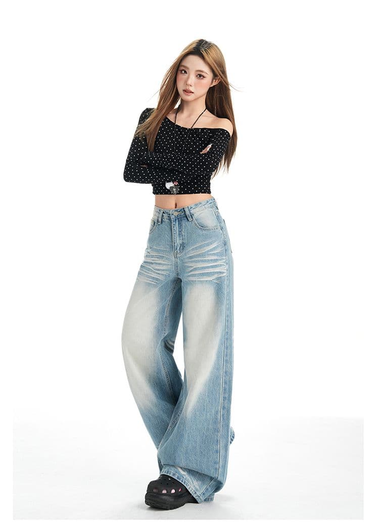 하늘색 워싱 마 오래된 넓은 다리 청바지 여성 새로운 로우 웨이스트 루즈핏 스트레이트 도루 센스 바닥 청소 상세 이미지 5