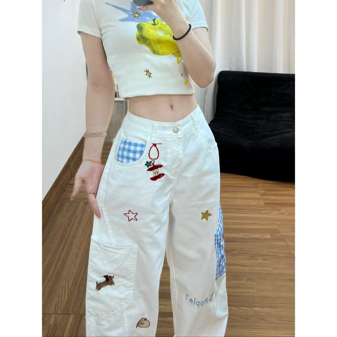 작은 키 애플 강아지 자수 화이트 넓은 다리 청바지 여성 체크무늬 패치워크 소녀 하이웨이스트 도루 센스 바닥 청소 바지 이미지 3