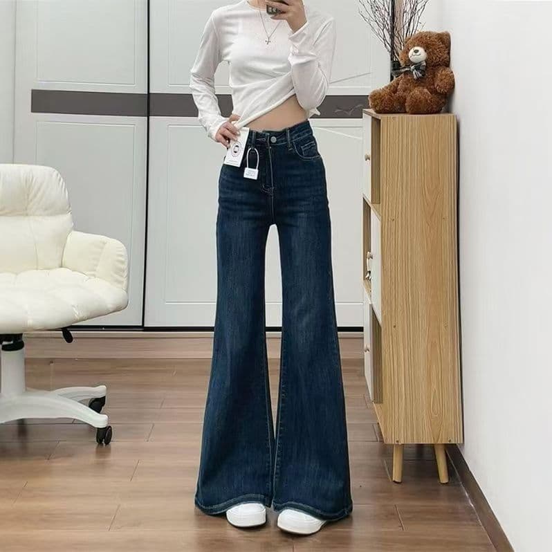 미니멀리즘 부츠컷 청바지 여성 봄 2026 새로운 하이웨이스트 루즈핏 슬림해 보이는 아니요 막대기 다리 나팔 바지 상세 이미지 7