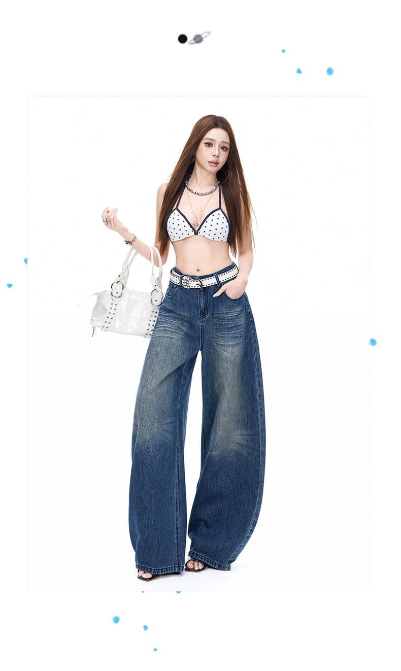 가을 의상 새로운 아메리칸 무거운 공예 핫걸 바람 레트로 노스탤지어 청바지 바지 루즈핏 데님 모통이 칼 넓은 바지 상세 이미지 13