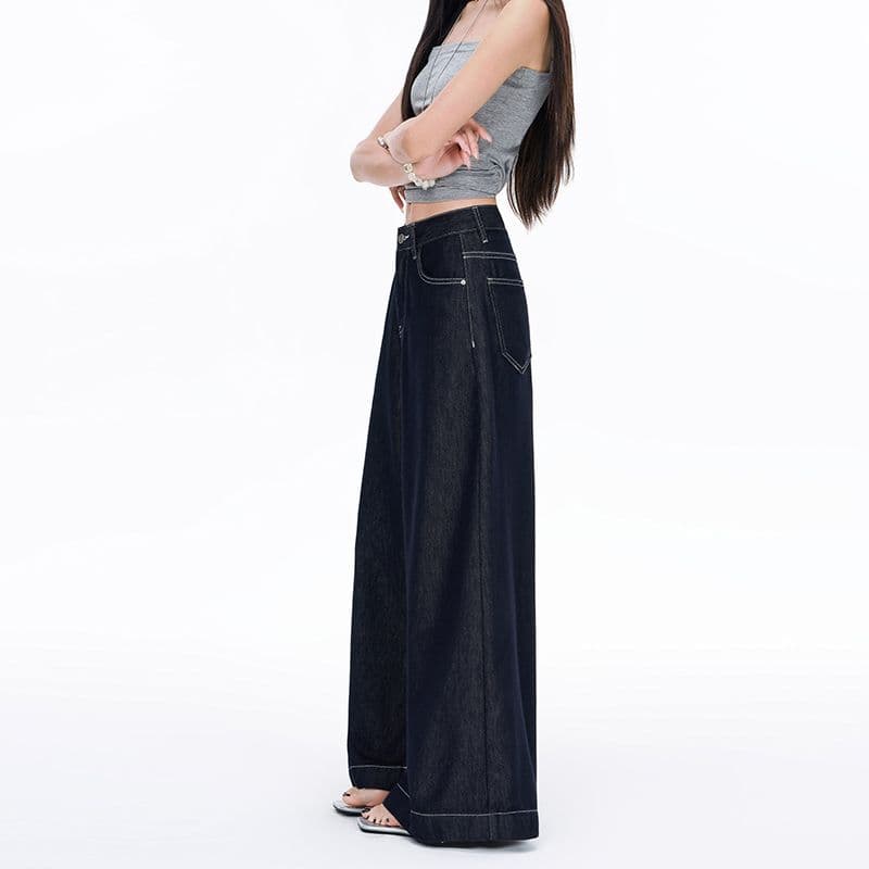 봄 가을 레트로 진한 파란색 대 넓은 다리 청바지 여성 계절 새로운 도루 센스 하이웨이스트 루즈핏 도루 센스 바닥 청소 바지 이미지 3