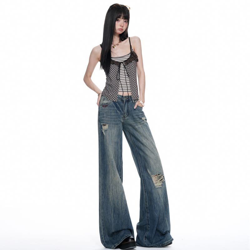 아메리칸 찢어진 부분 레트로 넓은 다리 나팔 청바지 여성 루즈핏 슬림해 보이는 다용도 바닥 청소 바지 이미지 4