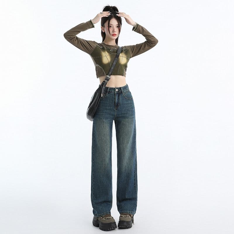 나노 레트로 블루 좁은 에디션 스트레이트 청바지 가을 새로운 2026 아메리칸 루즈핏 슬림해 보이는 도루 센스 바닥 청소 이미지 2