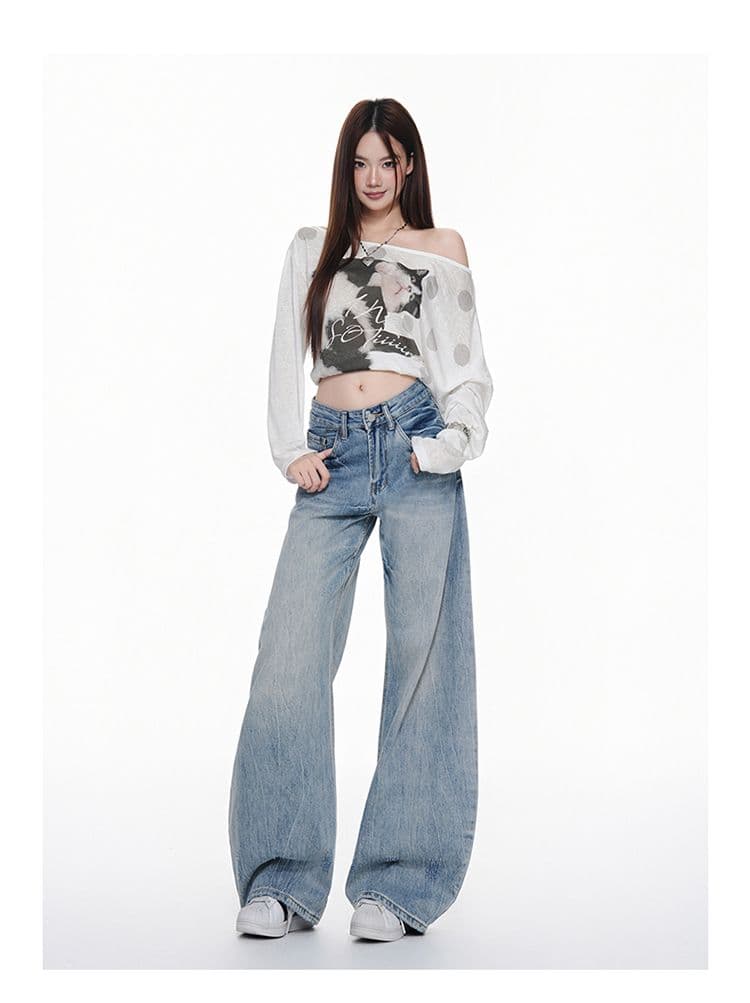 아메리칸 레트로 블루 넓은 다리 청바지 여성 가을 2026 무거운 작업 워싱 중 로우 웨이스트 루즈핏 모통이 칼 바닥 청소 바지 상세 이미지 1