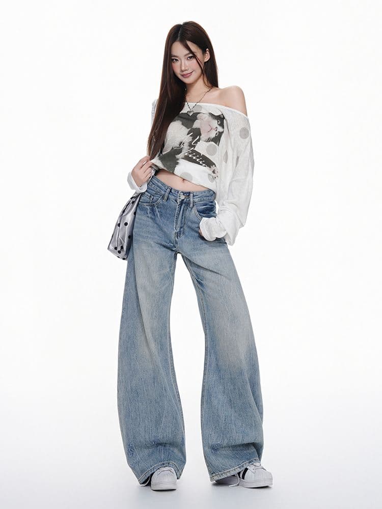 아메리칸 레트로 블루 넓은 다리 청바지 여성 가을 2026 무거운 작업 워싱 중 로우 웨이스트 루즈핏 모통이 칼 바닥 청소 바지 상세 이미지 14