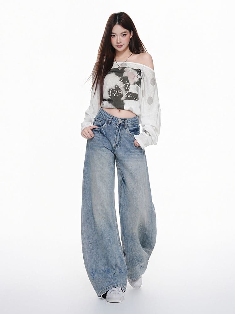 아메리칸 레트로 블루 넓은 다리 청바지 여성 가을 2026 무거운 작업 워싱 중 로우 웨이스트 루즈핏 모통이 칼 바닥 청소 바지 상세 이미지 20