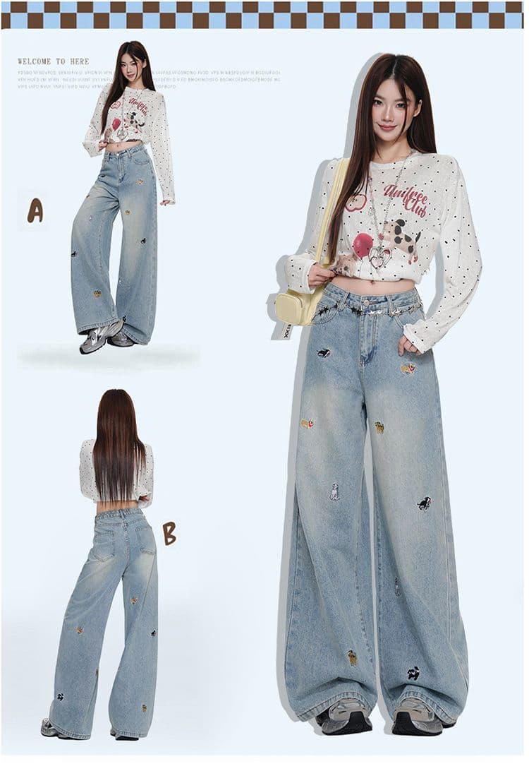 아메리칸 레트로 강아지 자수 넓은 다리 청바지 여성 가을 새로운 2026 로우 웨이스트 루즈핏 슬림해 보이는 스트레이트 바지 상세 이미지 10
