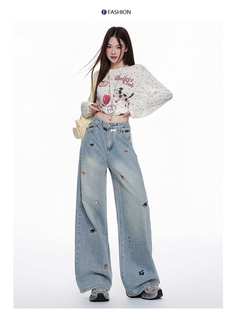 아메리칸 레트로 강아지 자수 넓은 다리 청바지 여성 가을 새로운 2026 로우 웨이스트 루즈핏 슬림해 보이는 스트레이트 바지 상세 이미지 16
