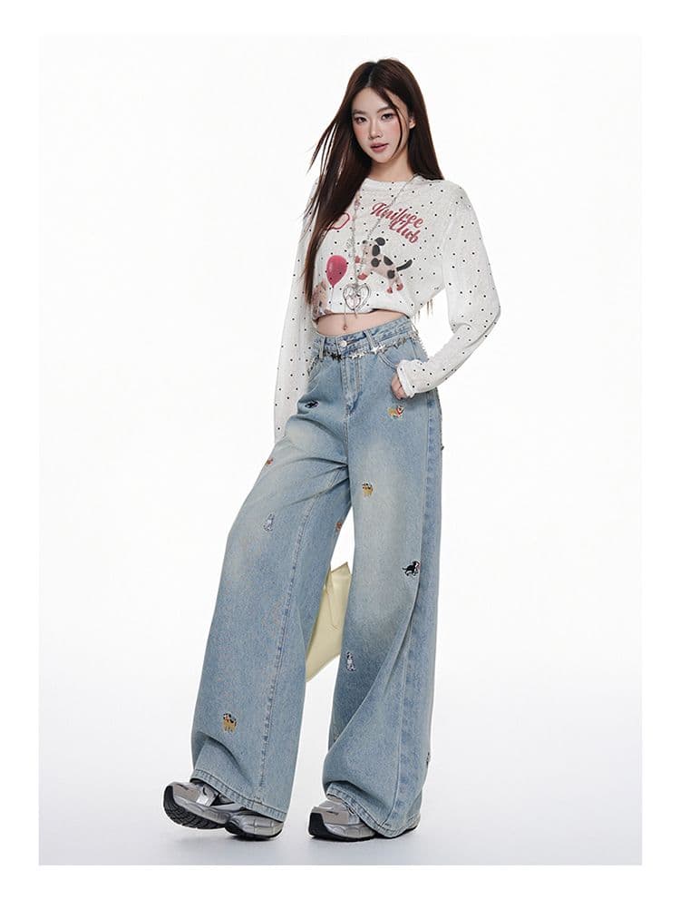 아메리칸 레트로 강아지 자수 넓은 다리 청바지 여성 가을 새로운 2026 로우 웨이스트 루즈핏 슬림해 보이는 스트레이트 바지 상세 이미지 17