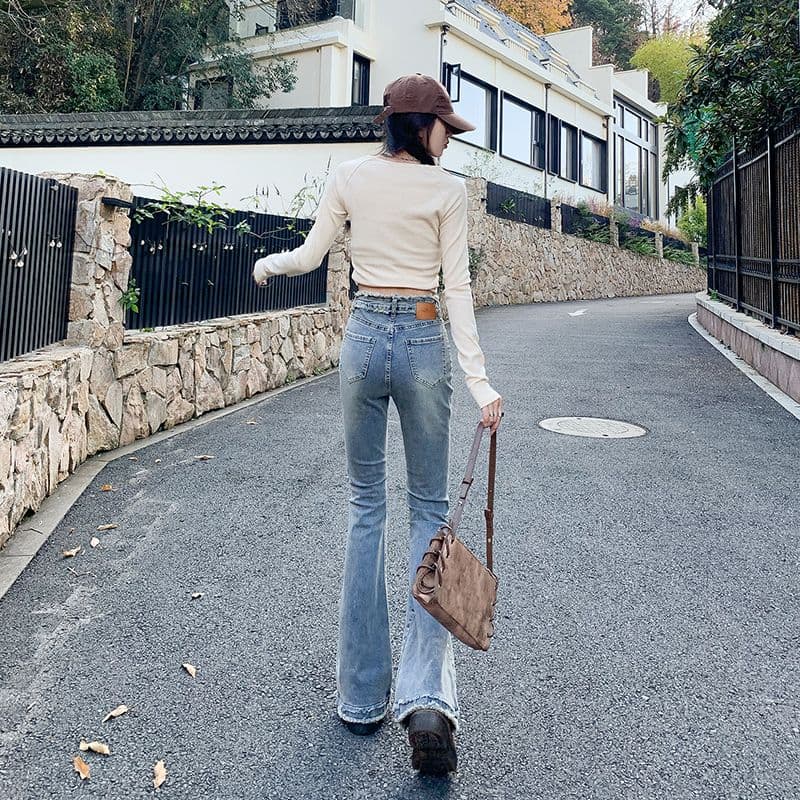 디스플레이 다리 길이 청바지 봄 가을 2026 폭발 핫걸 바람 하이웨이스트 타이트 부츠컷 와이드 레깅스 바지 긴 바지 ins 트렌디 이미지 4