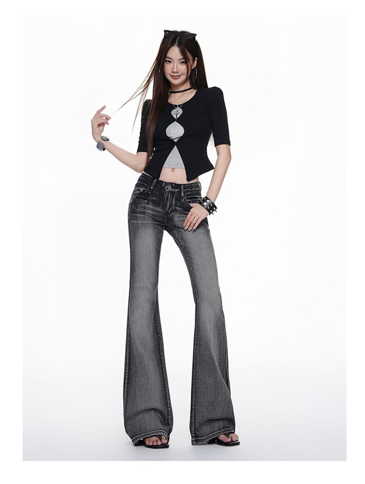 블랙 회색 부츠컷 청바지 여성 2026 가을 새로운 로우 웨이스트 핫걸 몸매 가꾸기 신축성 슬림해 보이는 바닥 청소 나팔 바지 상세 이미지 6