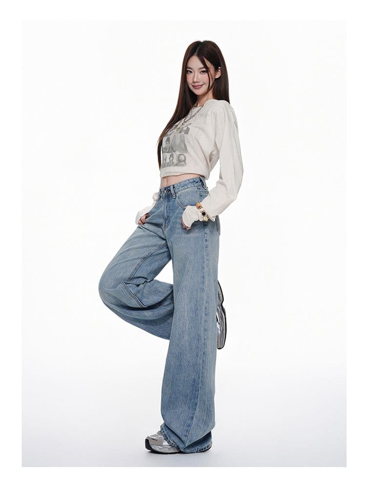 워싱 하늘색 넓은 다리 모통이 칼 청바지 여성 가을 2026 새로운 키 큰 남자 슬림해 보이는 루즈핏 스트레이트 바지 상세 이미지 6