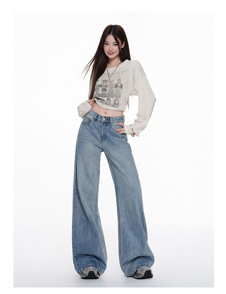 워싱 하늘색 넓은 다리 모통이 칼 청바지 여성 가을 2026 새로운 키 큰 남자 슬림해 보이는 루즈핏 스트레이트 바지 상세 이미지 3