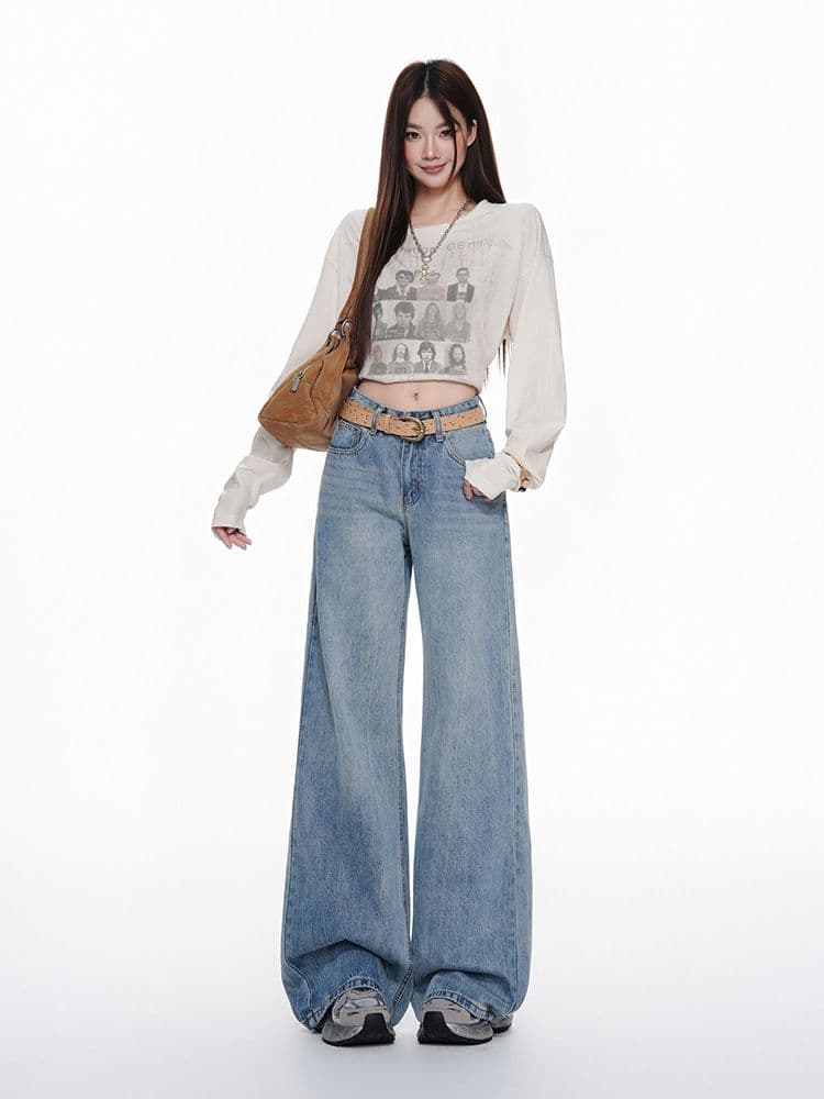 워싱 하늘색 넓은 다리 모통이 칼 청바지 여성 가을 2026 새로운 키 큰 남자 슬림해 보이는 루즈핏 스트레이트 바지 상세 이미지 10