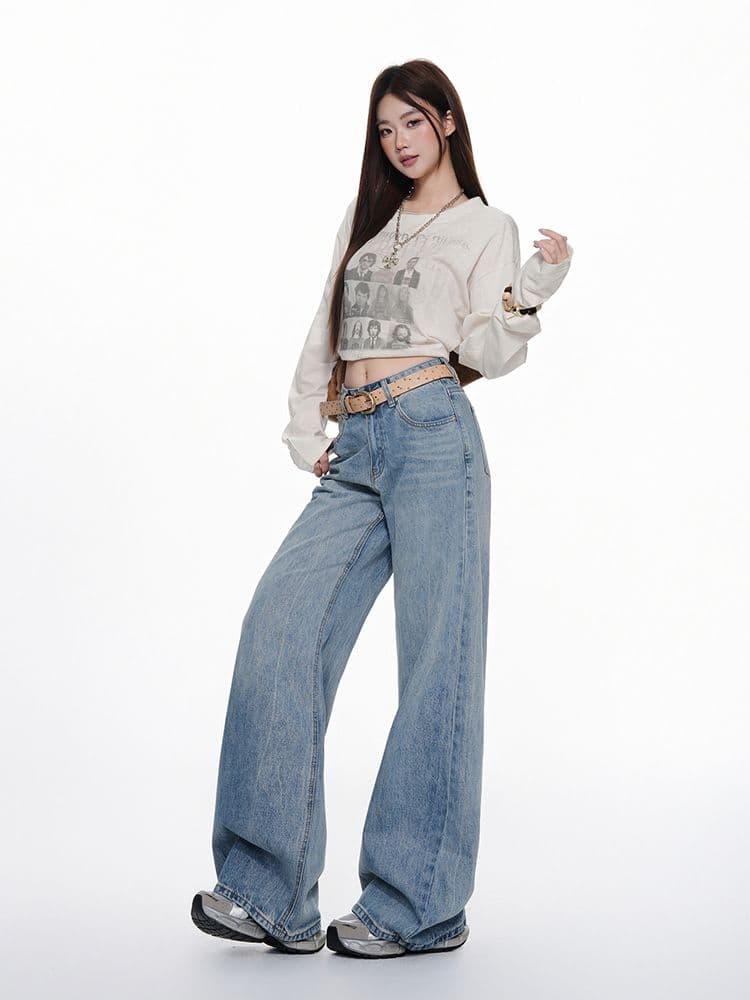 워싱 하늘색 넓은 다리 모통이 칼 청바지 여성 가을 2026 새로운 키 큰 남자 슬림해 보이는 루즈핏 스트레이트 바지 상세 이미지 15