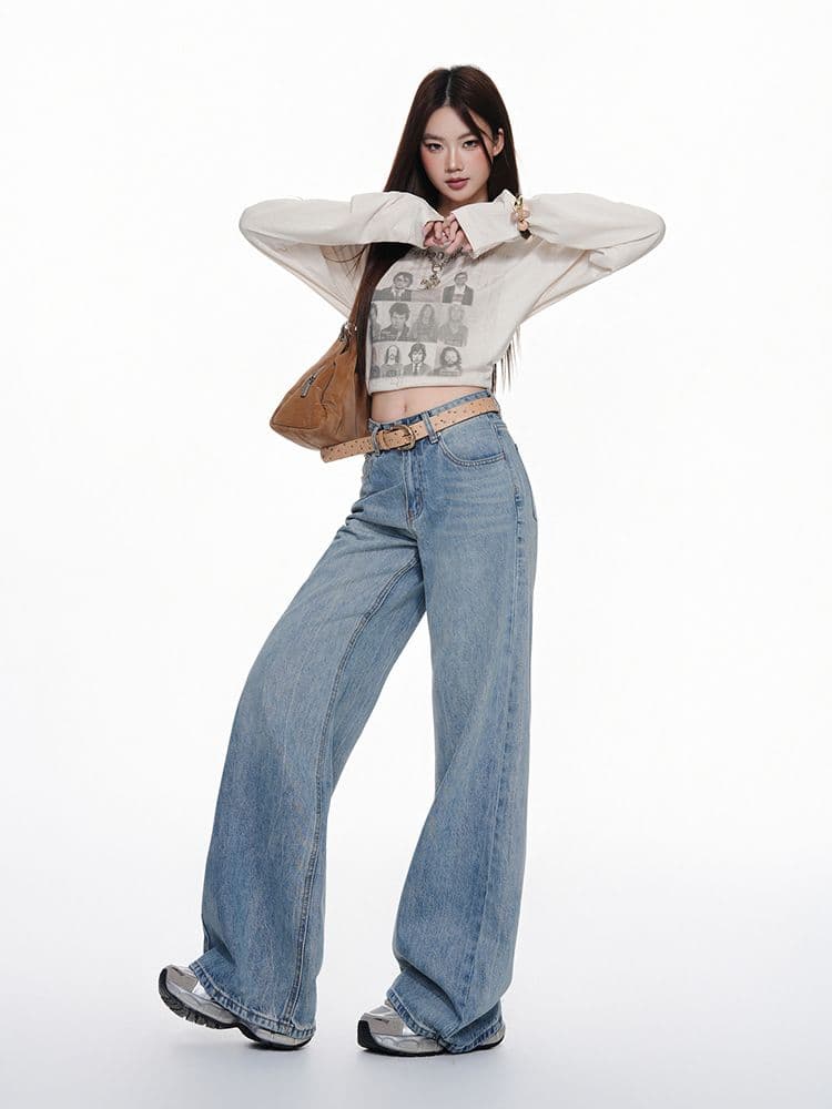 워싱 하늘색 넓은 다리 모통이 칼 청바지 여성 가을 2026 새로운 키 큰 남자 슬림해 보이는 루즈핏 스트레이트 바지 상세 이미지 16