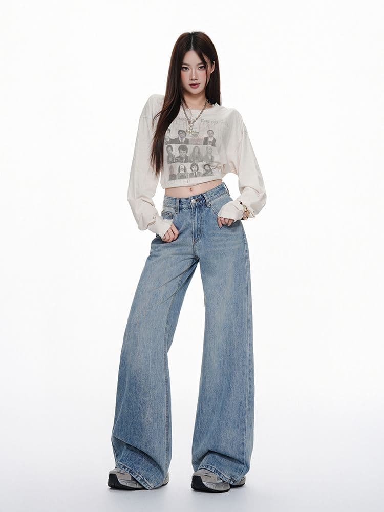 워싱 하늘색 넓은 다리 모통이 칼 청바지 여성 가을 2026 새로운 키 큰 남자 슬림해 보이는 루즈핏 스트레이트 바지 상세 이미지 17