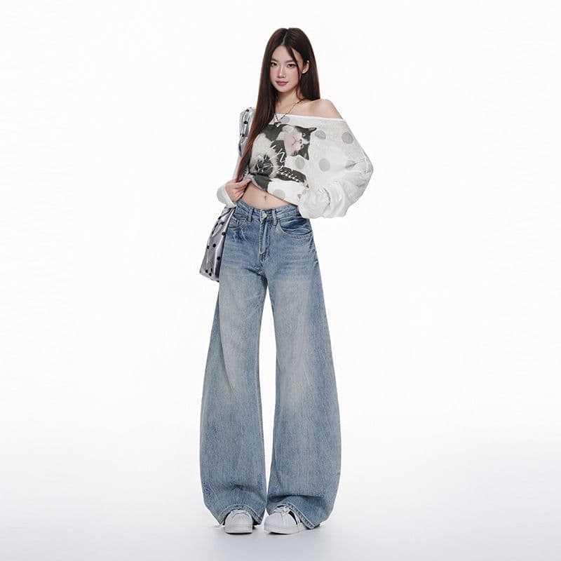 아메리칸 레트로 블루 넓은 다리 청바지 여성 가을 2026 무거운 작업 워싱 중 로우 웨이스트 루즈핏 모통이 칼 바닥 청소 바지 이미지 2