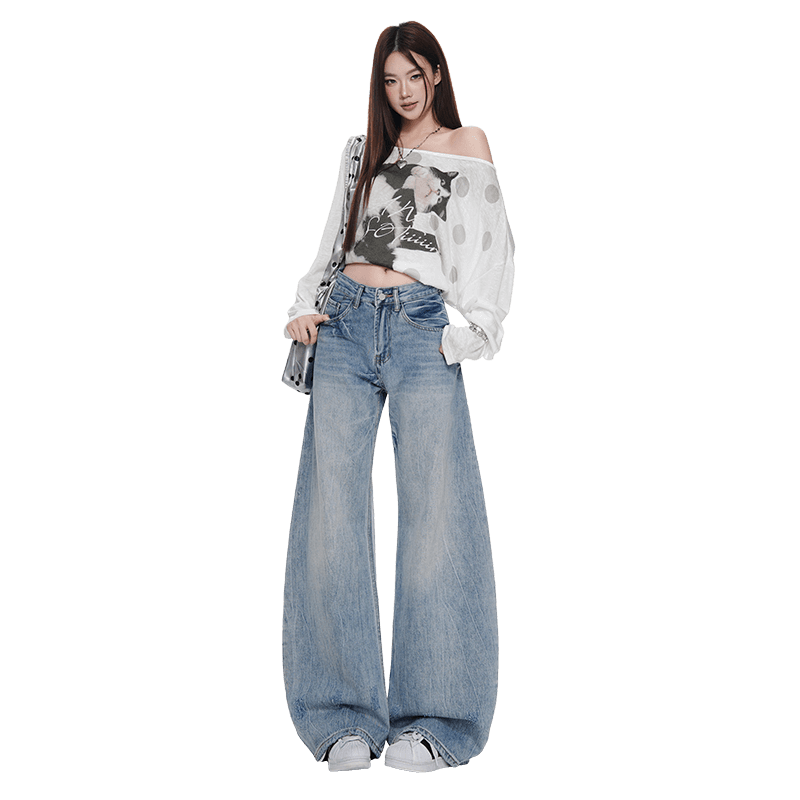 아메리칸 레트로 블루 넓은 다리 청바지 여성 가을 2026 무거운 작업 워싱 중 로우 웨이스트 루즈핏 모통이 칼 바닥 청소 바지 이미지 5