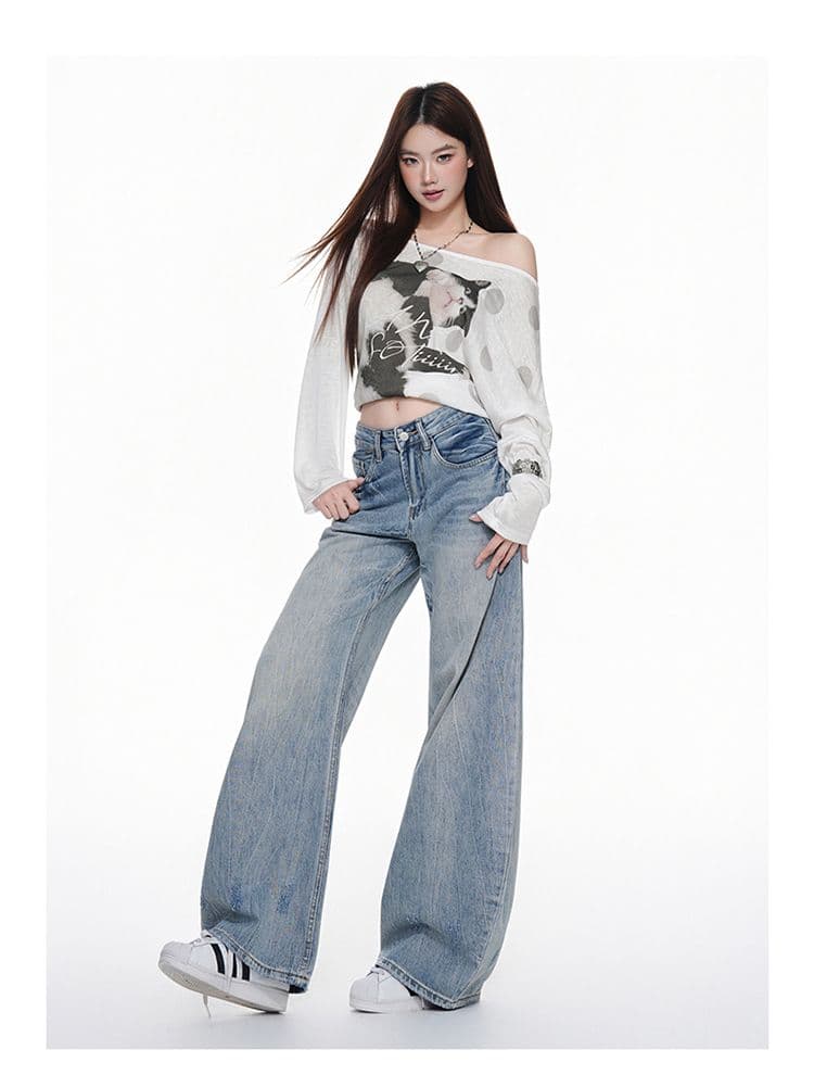 아메리칸 레트로 블루 넓은 다리 청바지 여성 가을 2026 무거운 작업 워싱 중 로우 웨이스트 루즈핏 모통이 칼 바닥 청소 바지 상세 이미지 3
