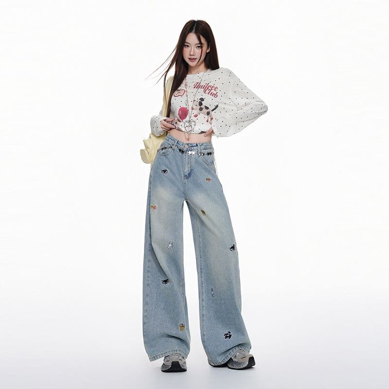 아메리칸 레트로 강아지 자수 넓은 다리 청바지 여성 가을 새로운 2026 로우 웨이스트 루즈핏 슬림해 보이는 스트레이트 바지