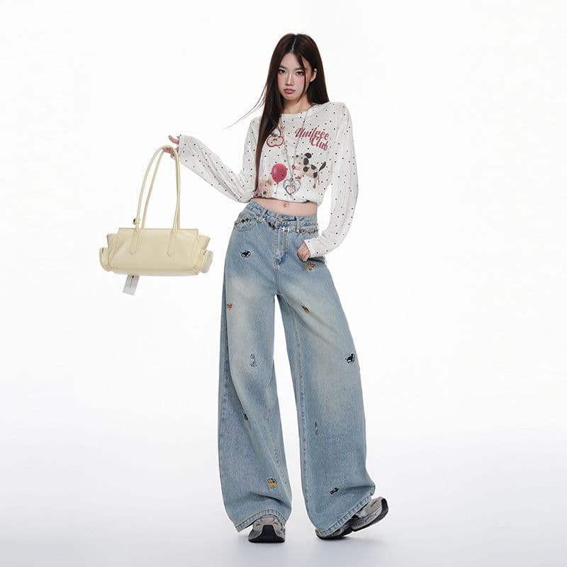 아메리칸 레트로 강아지 자수 넓은 다리 청바지 여성 가을 새로운 2026 로우 웨이스트 루즈핏 슬림해 보이는 스트레이트 바지 이미지 2