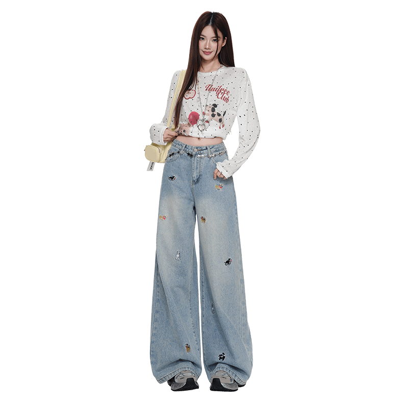 아메리칸 레트로 강아지 자수 넓은 다리 청바지 여성 가을 새로운 2026 로우 웨이스트 루즈핏 슬림해 보이는 스트레이트 바지 이미지 5