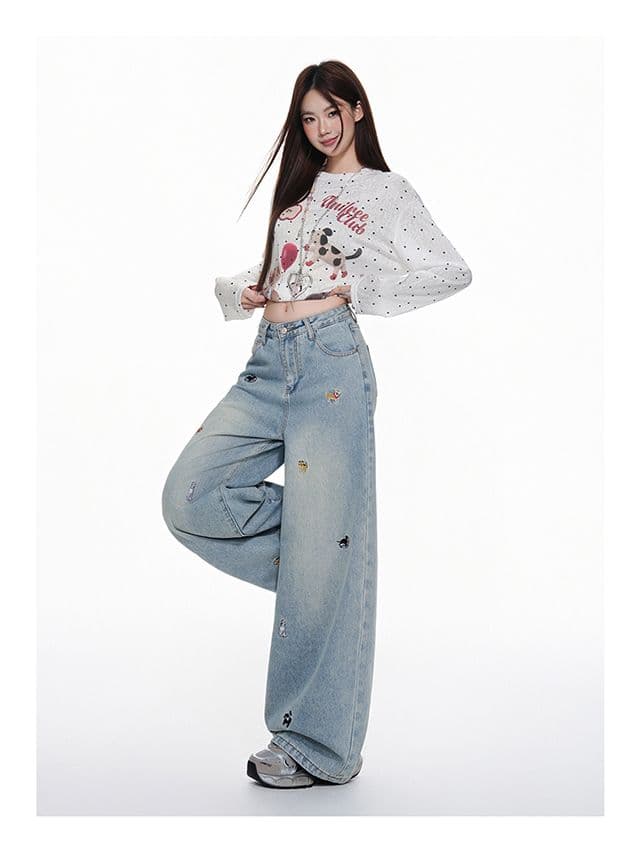 아메리칸 레트로 강아지 자수 넓은 다리 청바지 여성 가을 새로운 2026 로우 웨이스트 루즈핏 슬림해 보이는 스트레이트 바지 상세 이미지 5