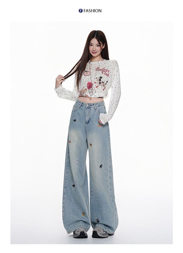 아메리칸 레트로 강아지 자수 넓은 다리 청바지 여성 가을 새로운 2026 로우 웨이스트 루즈핏 슬림해 보이는 스트레이트 바지 상세 이미지 2